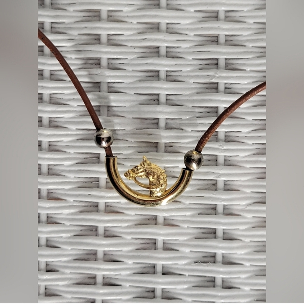 Gold Crescent Horse Pendant Necklace with Brown Cord